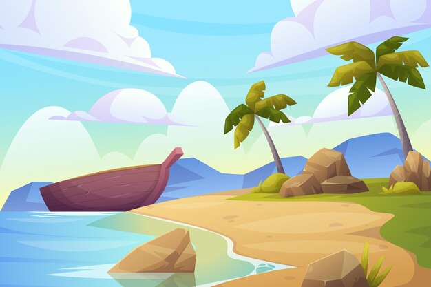 Paisaje de playa para la ilustración de fondo del día de verano con barco e isla oceánica