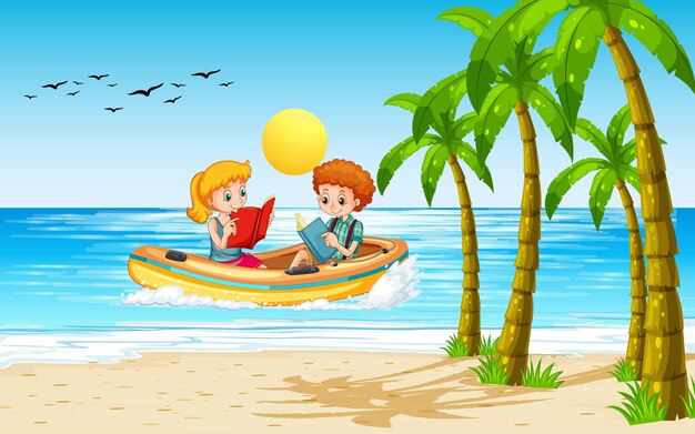 Paisaje de playa con niños en bote inflable.