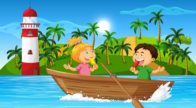 Paisaje de playa con niños en bote de madera.