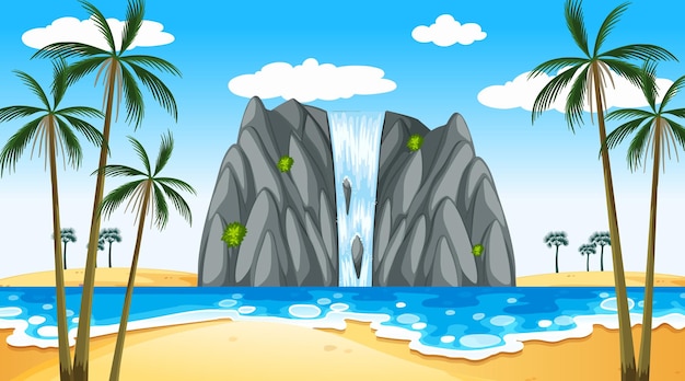 Vector gratuito paisaje de playa tropical en escena diurna con cascada