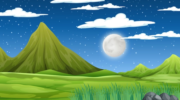 Vector gratuito paisaje de pradera en blanco con escena de montaña en la noche