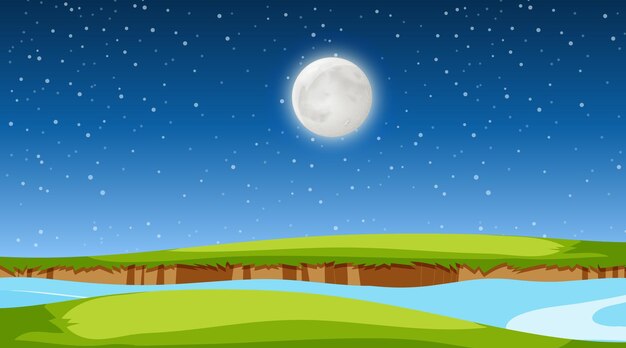 Paisaje de pradera en blanco y río en escena nocturna