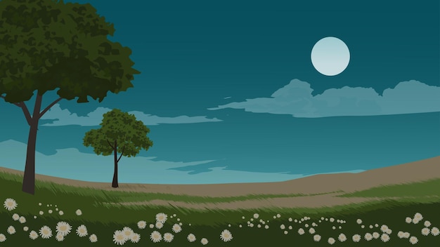 Paisaje de pradera en la noche con luna llena, nubes, estrellas, árboles y flores.