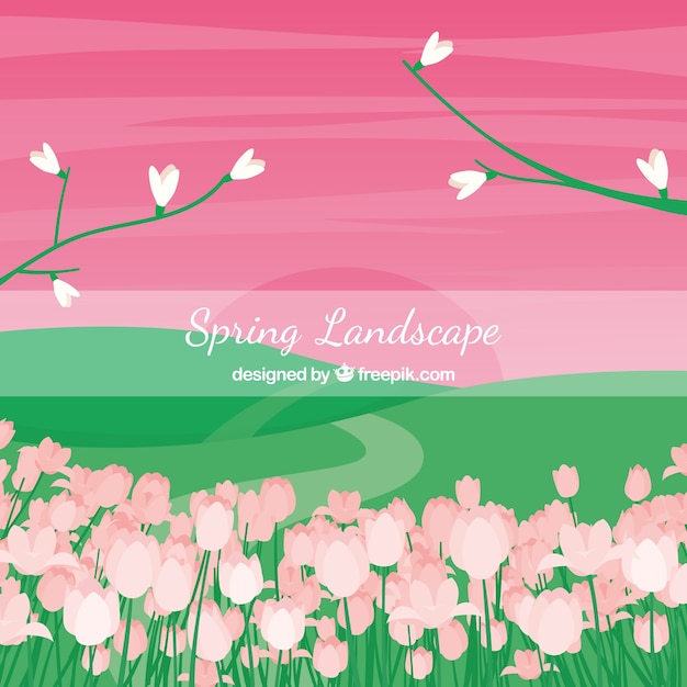 Vector gratuito paisaje de primavera con cielo rosa