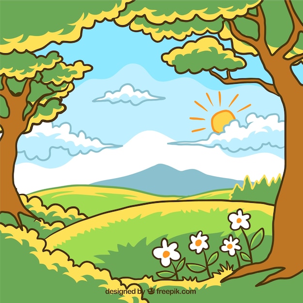 Paisaje de primavera dibujado a mano | Vector Gratis