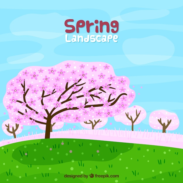 Vector gratuito paisaje de primavera dibujado a mano