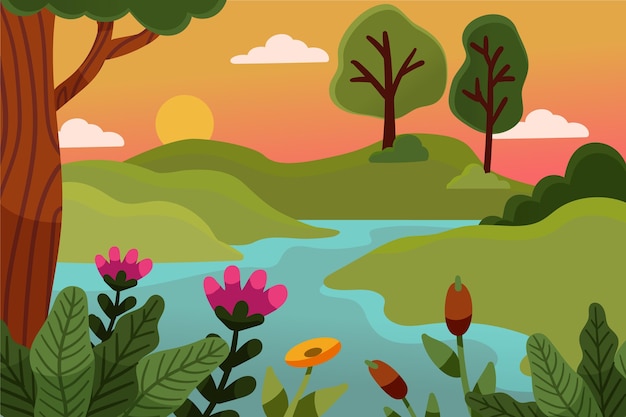 Vector gratuito paisaje de primavera dibujado a mano