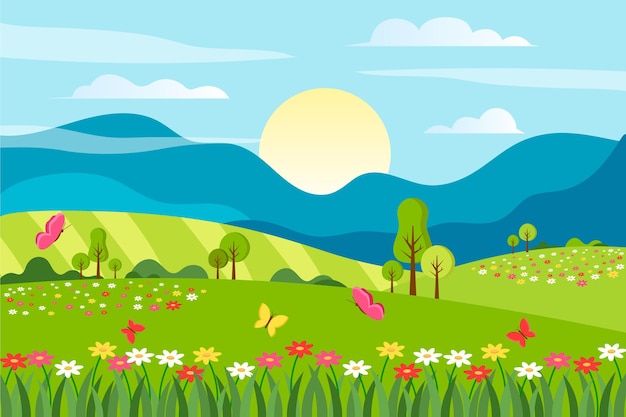 Vector gratuito paisaje de primavera de diseño plano creativo con cielo azul