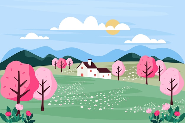 Paisaje de primavera de diseño plano