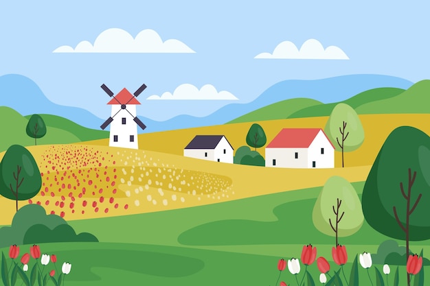 Vector gratuito paisaje de primavera de diseño plano