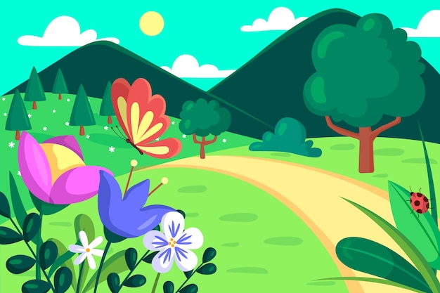 Vector gratuito paisaje de primavera con mariposas y flores