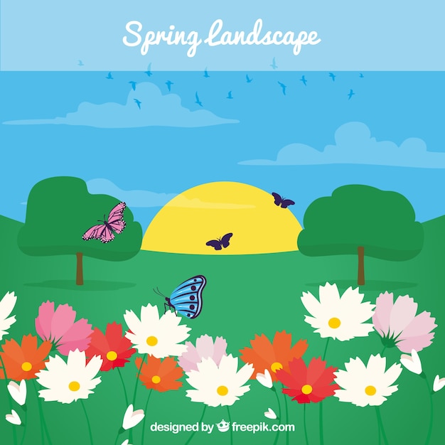 Vector gratuito paisaje de primavera con mariposas