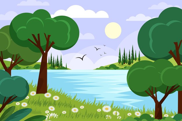 Paisaje de primavera plano detallado
