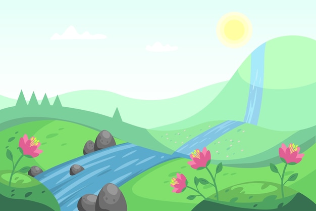 Vector gratuito paisaje de primavera con río y naturaleza