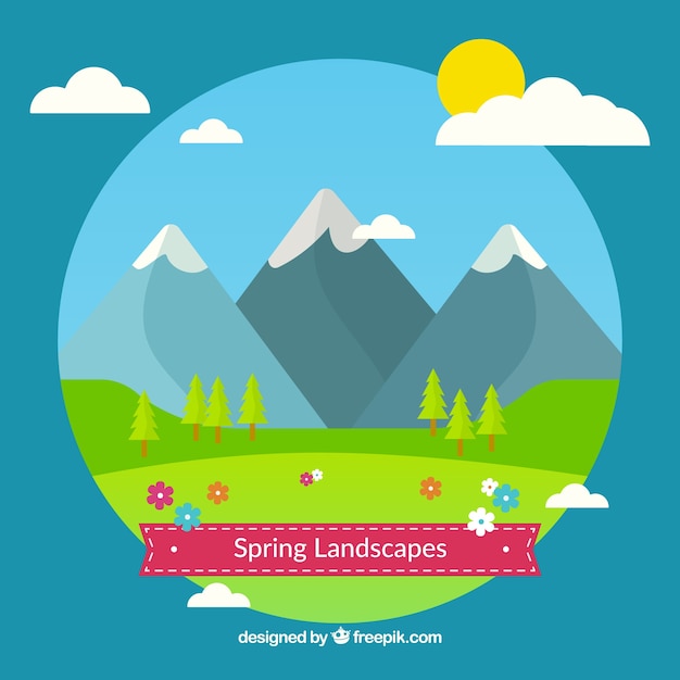 Vector gratuito paisaje primaveral bonito en diseño plano