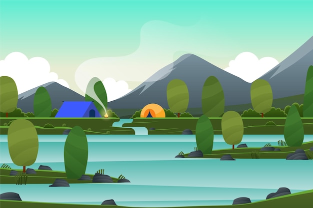 Paisaje primaveral con lago y tiendas de campaña.