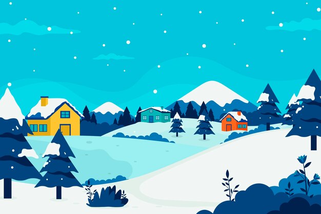 Paisaje de pueblo de invierno de diseño plano