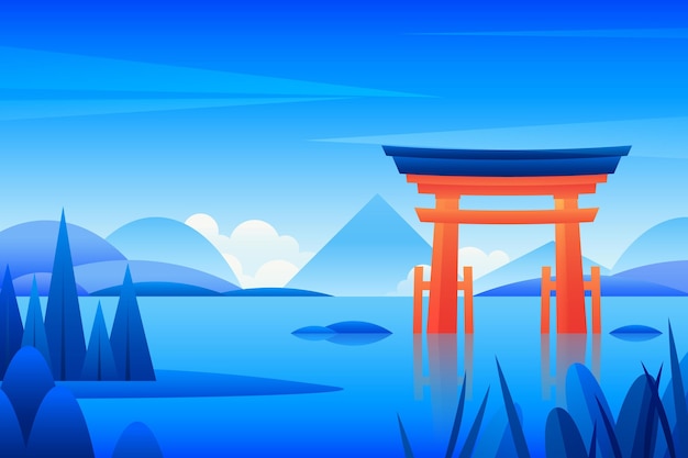 Vector gratuito paisaje de la puerta torii japonesa