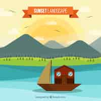 Vector gratuito paisaje con puesta de sol con barco