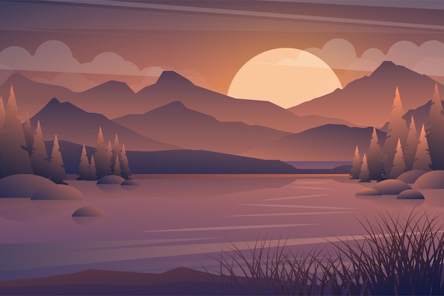 Paisaje de puesta de sol de montaña y lago. Árbol realista en siluetas de bosque y montaña, panorama de madera de noche. Ilustración de fondo de naturaleza salvaje