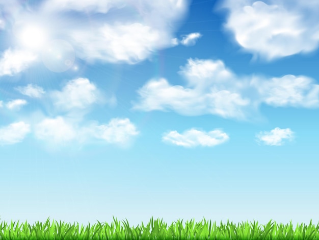 Vector gratuito paisaje realista del cielo con nubes e ilustración vectorial de hierba