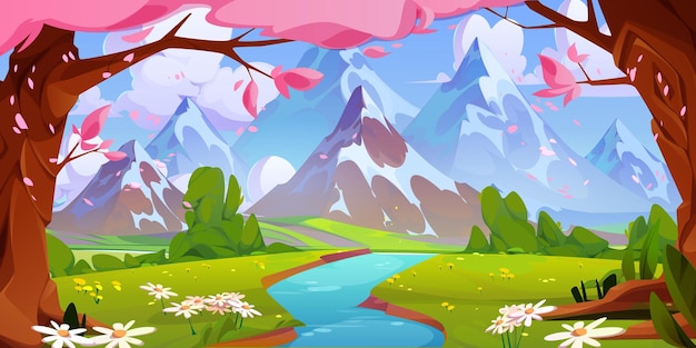 Vector gratuito paisaje de río de montaña de primavera con árboles de sakura