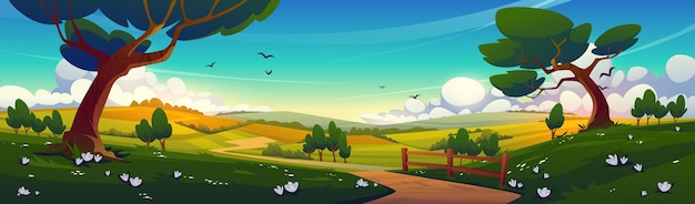 Vector gratuito paisaje rural con árboles y campos verdes.