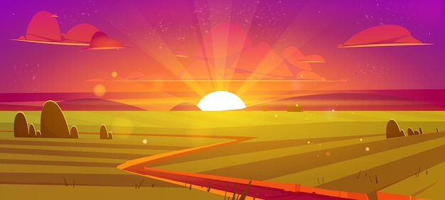 Vector gratuito paisaje rural con campos de agricultura al atardecer.