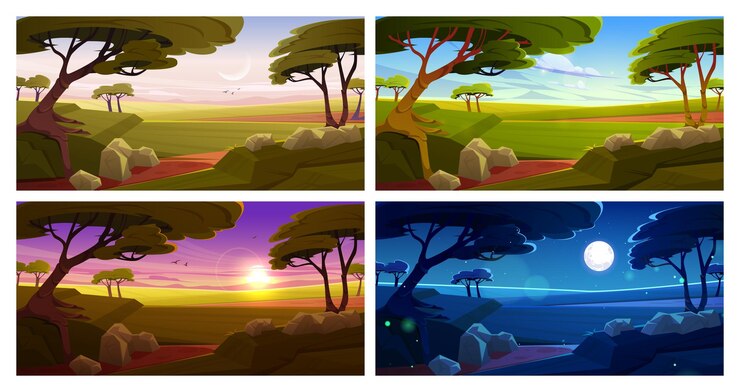 Vector gratuito paisaje de sabana africana en el día de la mañana de noche
