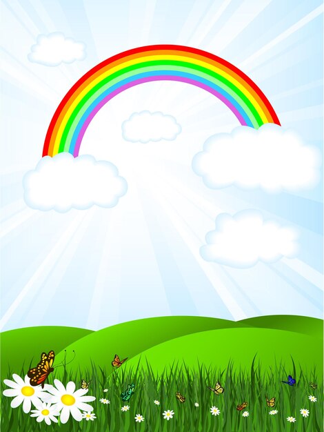Paisaje soleado con cielo de arco iris y mariposas