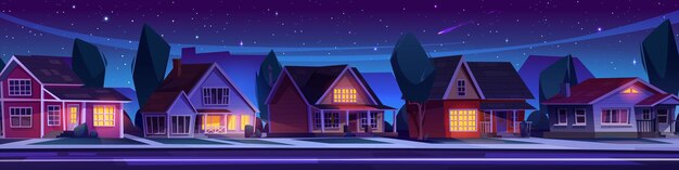 Paisaje suburbano oscuro de la noche con casa en la calle