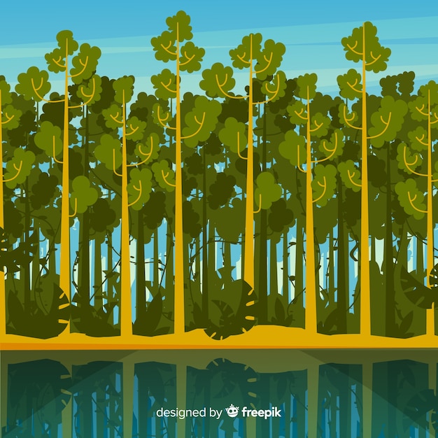 Vector gratuito paisaje tropical con árboles y río