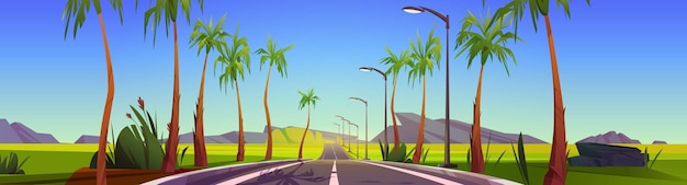 Vector gratuito paisaje tropical con palmeras de carretera de coche
