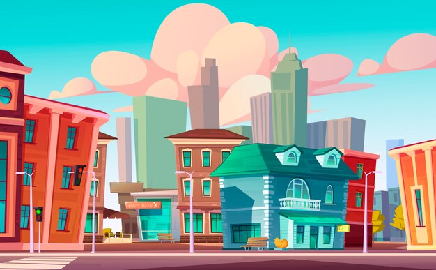 Paisaje urbano de la calle con cafetería, salón de belleza