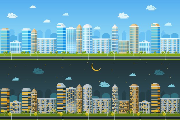 Paisaje urbano diurno y nocturno. Arquitectura del edificio, ciudad del paisaje urbano, ilustración vectorial