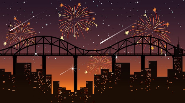 Vector gratuito paisaje urbano con escena de fuegos artificiales de celebración