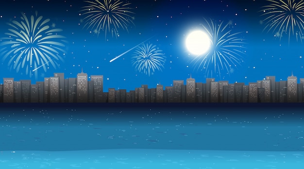 Vector gratuito paisaje urbano con escena de fuegos artificiales de celebración