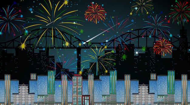 Vector gratuito paisaje urbano con escena de fuegos artificiales de celebración