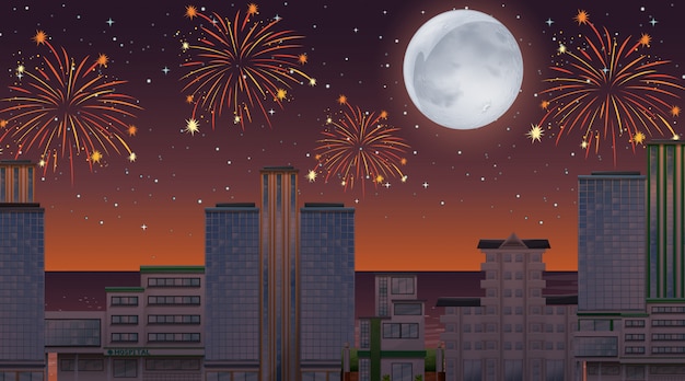 Vector gratuito paisaje urbano con escena de fuegos artificiales de celebración.