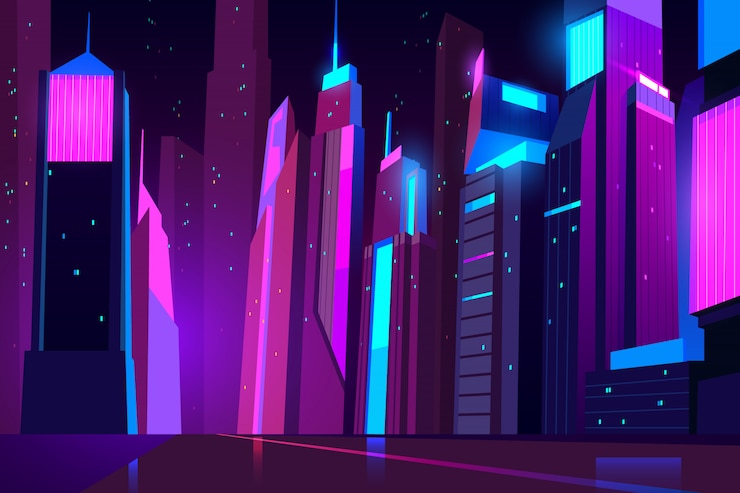 Vector gratuito paisaje urbano futurista y vista a la carretera con iluminación brillante.