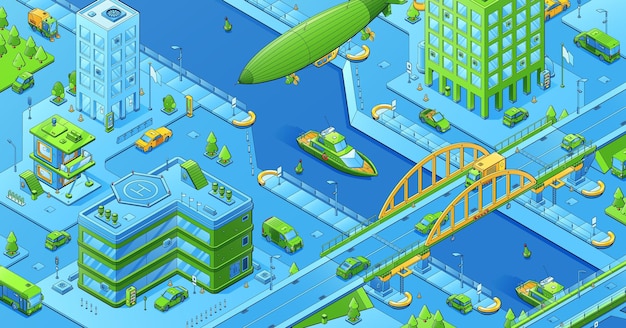 Vector gratuito paisaje urbano isométrico con transporte de edificios.