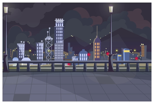 Vector gratuito paisaje urbano oscuro con la ilustración de luces encendidas