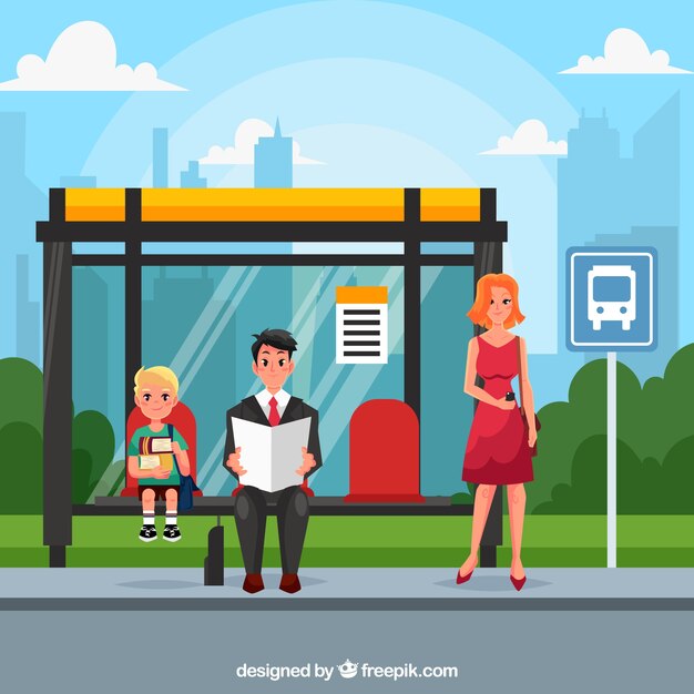 Paisaje urbano con parada de autobús
