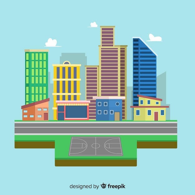 Paisaje urbano plano con edificios de oficinas