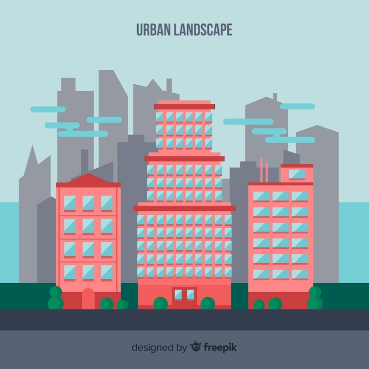 Vector gratuito paisaje urbano plano con edificios de oficinas