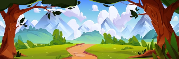 Vector gratuito paisaje de valle de montaña con sendero forestal