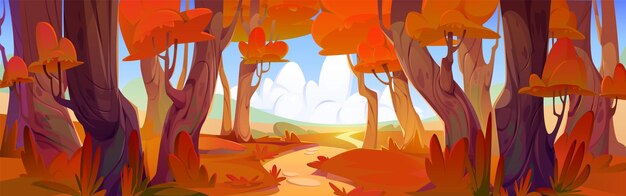 Paisaje de vector de bosque otoñal Camino cerca de naranjo en la escena del parque de otoño de dibujos animados Día soleado en el horizonte del valle Temporada de otoño y sendero en la carretera entre bosques de arce cielo azul con nubes