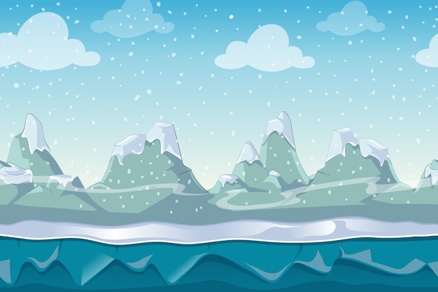 Paisaje de vector de invierno de dibujos animados transparente para juego de computadora. montaña de nieve y cielo, ilustración de entorno al aire libre