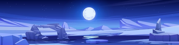 Vector gratuito paisaje vectorial del polo norte nocturno con luna llena en el cielo ilustración ártica oscura de dibujos animados con agua congelada y arco de hielo lago congelado y colina nevada entorno antártico al aire libre para banner web