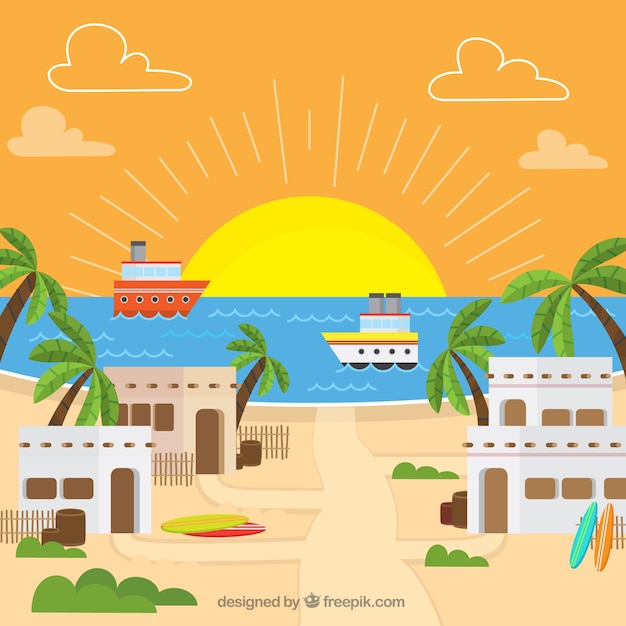 Vector gratuito paisaje veraniego con barcos y sol